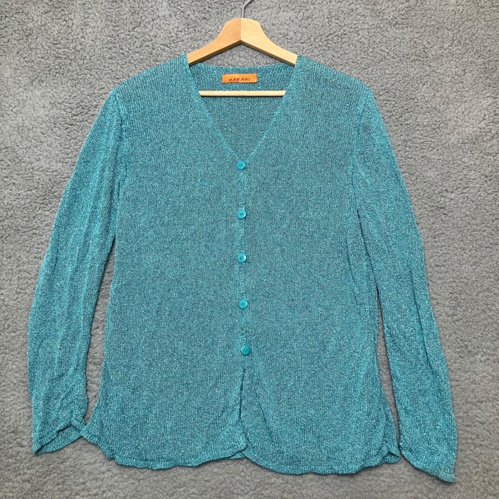 VTG Harari Button Up Cardigan Women L Turquoise Blue Textured Knit Coastal USA